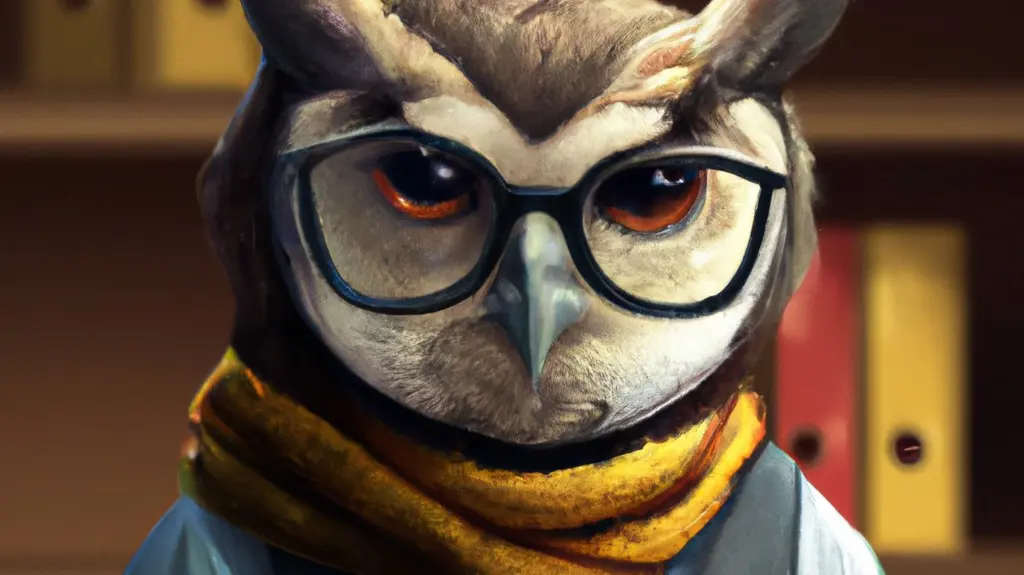 A stern-looking owl dressed as a librarian, digital art
