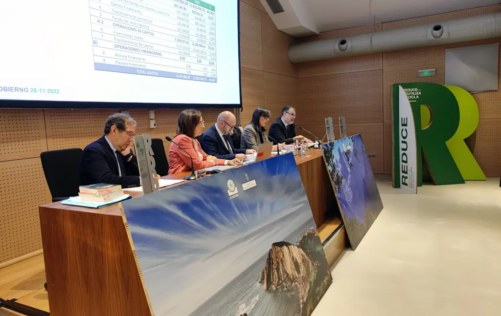 De izqda. a dcha: Rafael Fueyo, secretario de Cogersa; Paz Orviz, gerente de Cogersa; Juan Cofiño, consejero de Administración Autonómica, Medio Ambiente y Cambio Climático; Nieves Roqueñí, viceconsejera de Medio Ambiente y Cambio Climático; y Enrique Céspedes, interventor de Cogersa