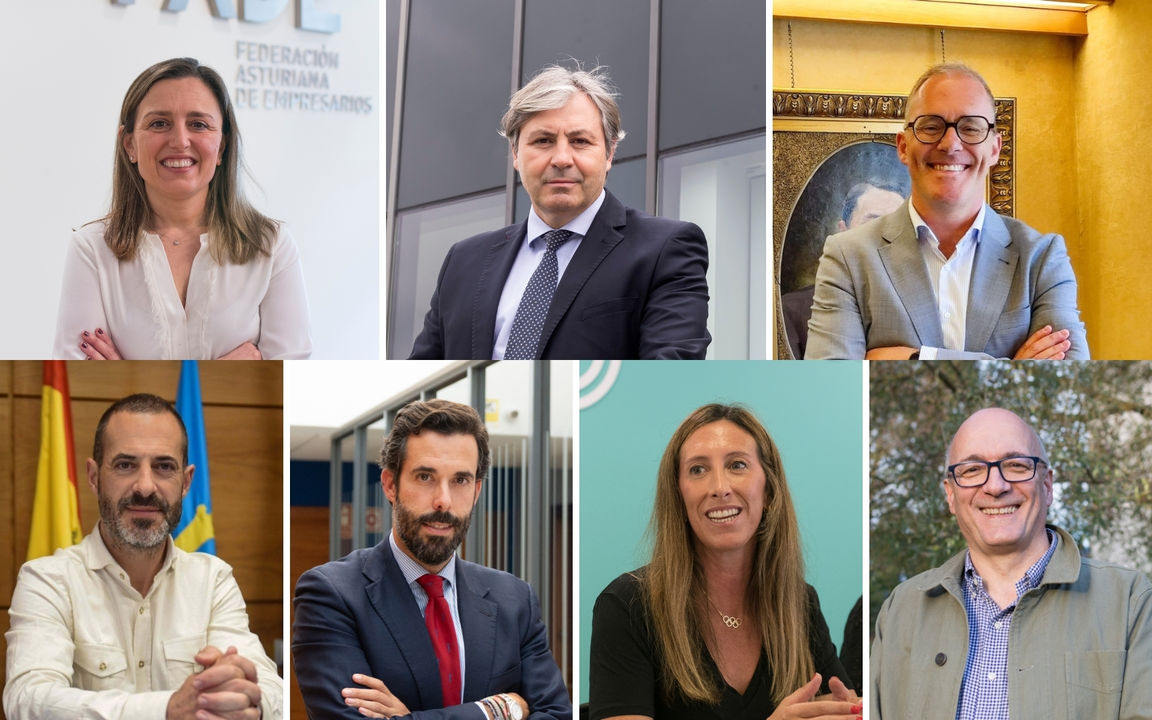 María Calvo, presidenta de FADE; Jaime Argüelles, CEO de Duro Felguera; Ignacio Iglesias, director general de Empresas, Pymes y Emprendedores en el Gobierno del Principado de Asturias; Ángel García, alcalde del Ayuntamiento de Siero; Pablo García, presidente de AJE Asturias; Ángela Pumariega, concejal de Economía, Empleo, Turismo e Innovación del Ayuntamiento de Gijón y Enrique Jáimez, director general del Cluster TIC Asturias