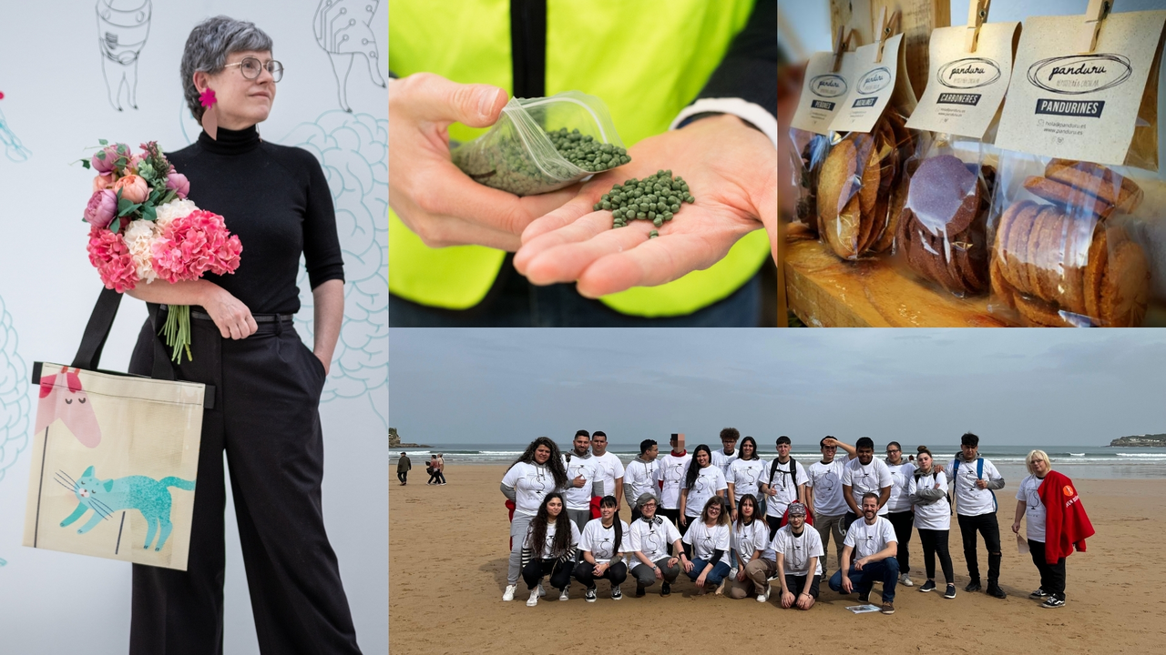 Maite Prida, CEO de LON&BOC; pequeños fragmentos de plástico reciclado que se utilizarán para la fabricación de productos de Naeco; Galletas de Panduru; encuentro entre LON&BOC y la Fundación Mar de Niebla en la playa San Lorenzo.