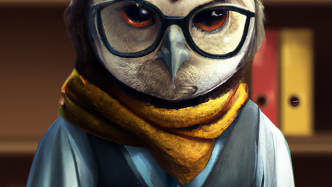 A stern-looking owl dressed as a librarian, digital art