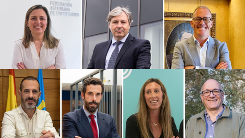 María Calvo, presidenta de FADE; Jaime Argüelles, CEO de Duro Felguera; Ignacio Iglesias, director general de Empresas, Pymes y Emprendedores en el Gobierno del Principado de Asturias; Ángel García, alcalde del Ayuntamiento de Siero; Pablo García, presidente de AJE Asturias; Ángela Pumariega, concejal de Economía, Empleo, Turismo e Innovación del Ayuntamiento de Gijón y Enrique Jáimez, director general del Cluster TIC Asturias