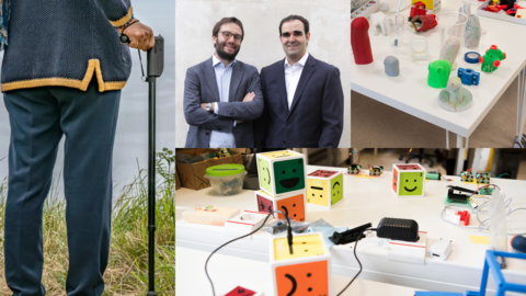 A la izquierda, el bastón pauto de i4life; en el medio arriba, Pablo Valledor y Javier Fernández, fundadores de Pragmatech; abajo, el cubolab del Medialab; y a la derecha, Superhéroes, un proyecto de impresión de prótesis 3D.