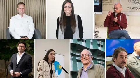 De izquierda a derecha, arriba: Ángel García, presidente de la Asociación de Usuarios de Vehículos Eléctricos de España (AUVE); Lorena Turrado, directora de I+D+i de Sialtronica; e Iván Aitor Lucas del Amo, director general de Innovación, Investigación y Transformación Digital. De izquierda a derecha, abajo: Javier Martínez, director de Movilidad Sostenible; Ana Isabel Menéndez, directora de sostenibilidad e innovación en Pavitek; Enrique Jáimez, director general de Cluster TIC Asturias; y Sergio Baragaño, fundador de Room 2030.