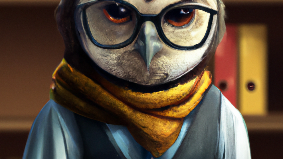 A stern-looking owl dressed as a librarian, digital art