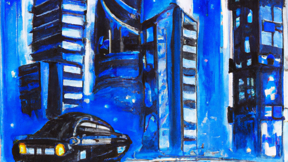 A bright city in the future with flying cars